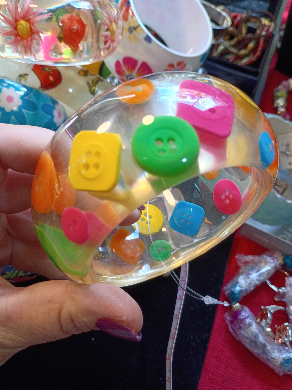 Clear Resin Bangle with Multicolor Button Accents - Home Party Supplies